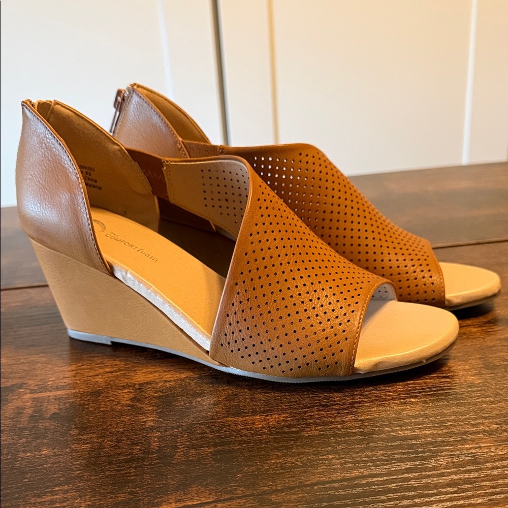 Journee Collection Tan Perforated Peep-Toe Wedge Sandals
